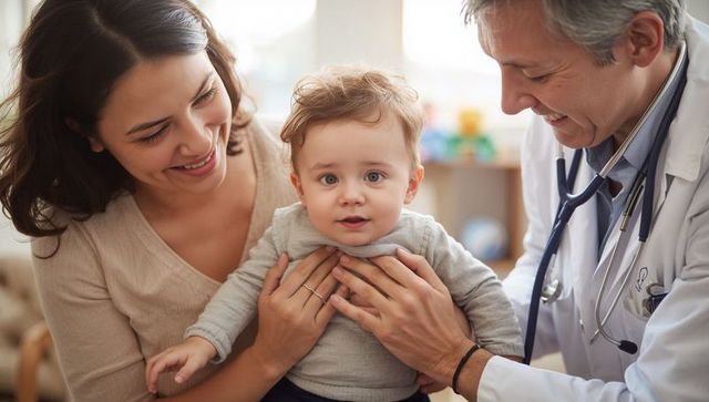 Smiling pediatrician examining happy infant while mother holds baby during clinic checkup