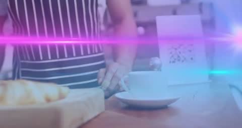 Barista Displaying Croissant and Coffee with QR Code and Light Effects