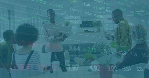 Financial data overlay meeting with diverse business team