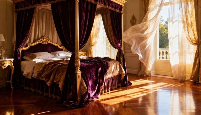 Opulent four-poster bed draping purple velvet, sunlight bathing parquet, sheer curtains billowing