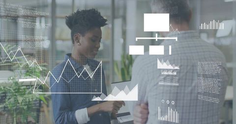 Female professional showing card on tablet while analyzing digital dashboards and charts