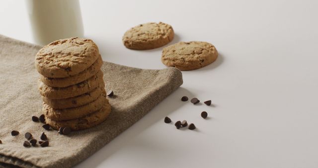 Stack of Chocolate Chip Cookies with Milk on Linen Cloth - Download Free Stock Images Pikwizard.com