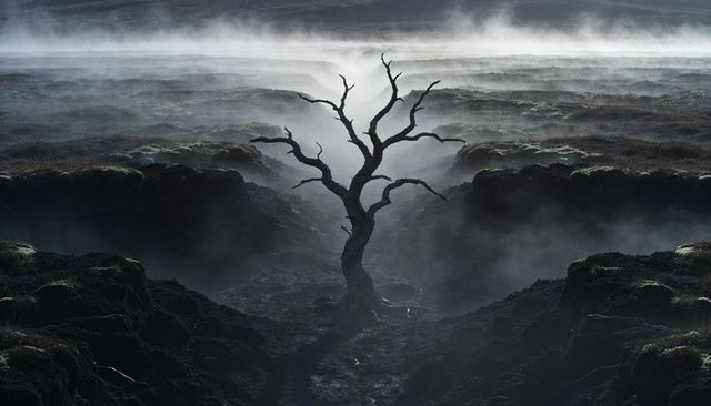 Lone leafless tree looming on misty volcanic plateau with mossy terraces