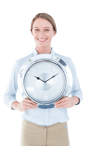 Businesswoman Holding Large Transparent Clock in Professional Setting