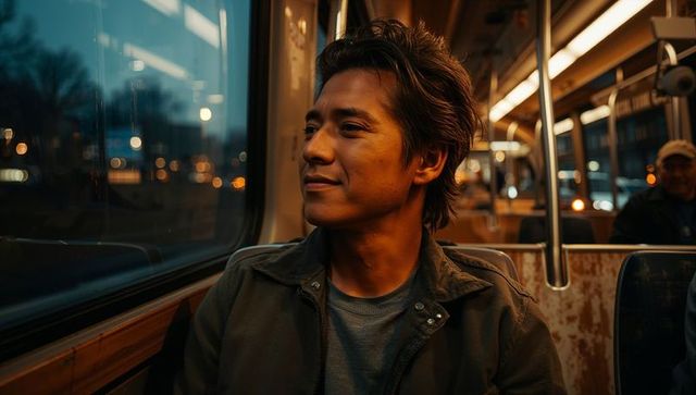 Young asian man gazing out tram window at dusk with warm amber city light reflection
