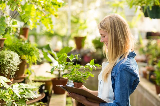 Young female gardener holding clipboard while examining plants in a greenhouse. Ideal for use in articles or advertisements related to gardening, horticulture, plant care, agriculture, and professional gardening services.