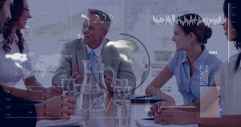 Executive leading strategy meeting with data overlays showing global analytics, teamwork