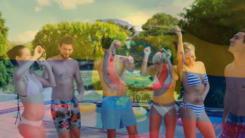 Joyful Friends Dancing by Pool with Ecuador Flag Overlay