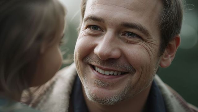 Smiling father gazing at child outdoors wearing shearling jacket, warm parent-child moment