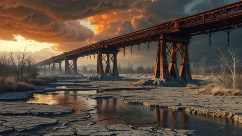 Rustic steel bridge over cracked mud flats at sunset in apocalypse aftermath