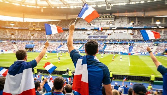 Cheering fans waving french flags at football stadium during lively match celebration