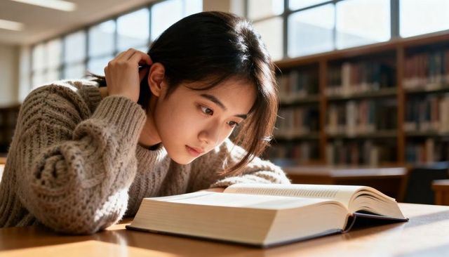 Young woman studying intensely at library table leaning over open book in soft daylight