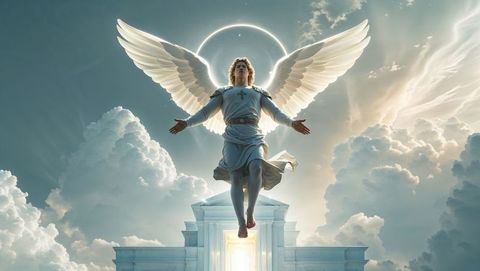 Majestic Angel Ascension in Cloud-filled Heaven