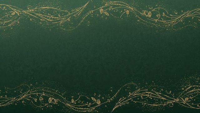 Green textured backdrop featuring gold ornamental swirls and glitter border frame