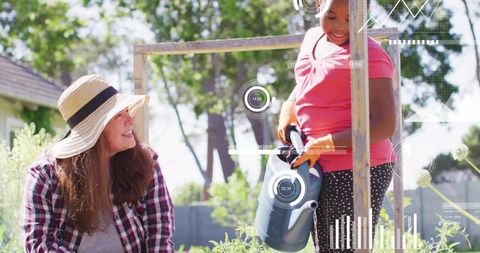 Intergenerational gardening mentorship watering seedlings in sunny backyard with AR overlays