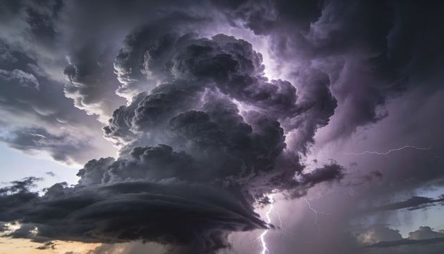 Supercell thunderstorm rotating with towering anvil cloud and dramatic lightning strike
