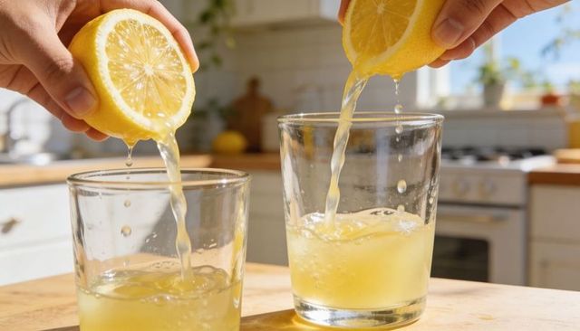 Squeezing fresh lemons into glasses on sunlit kitchen counter for summer drinks