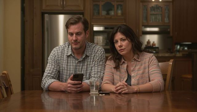 Couple sitting at kitchen table sharing quiet evening moment while checking smartphone