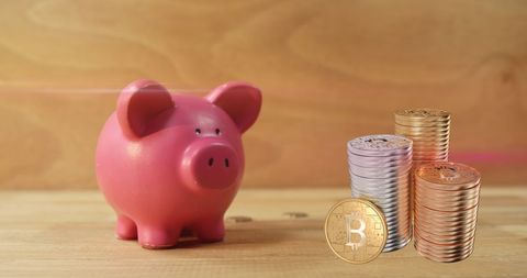 Cryptocurrency Savings Concept with Piggy Bank and Bitcoin Coins