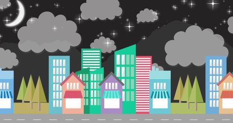 colorful cityscape with crescent moon and stars at night - Download Free Stock Images Pikwizard.com