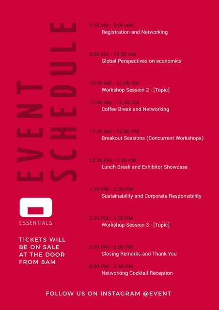 Event schedule text with logo and details of economics seminar event schedule on red background. Economics seminar event information poster, digitally generated image.