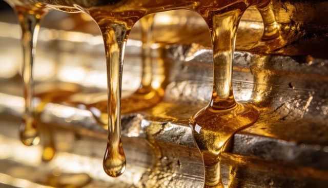 Dripping amber syrup forming rivulets on corrugated metal macro closeup with air bubbles