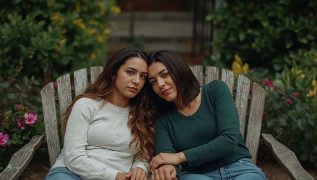 Two women leaning together on weathered garden chair holding hands, casual outdoor friendship