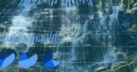 Cascading Waterfall Blends with Digital Data Visualization Elements