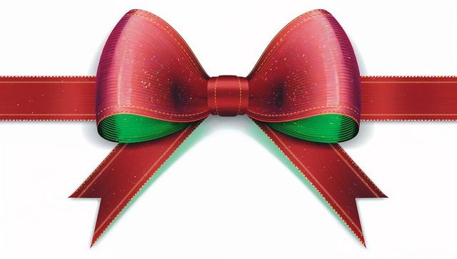 Shimmering red and green holiday bow with gold trim and glittered ribbon