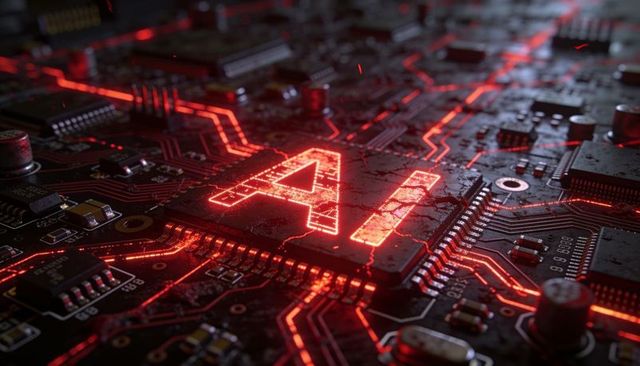 Glowing ai chip emitting red neon traces on gritty circuit board macro