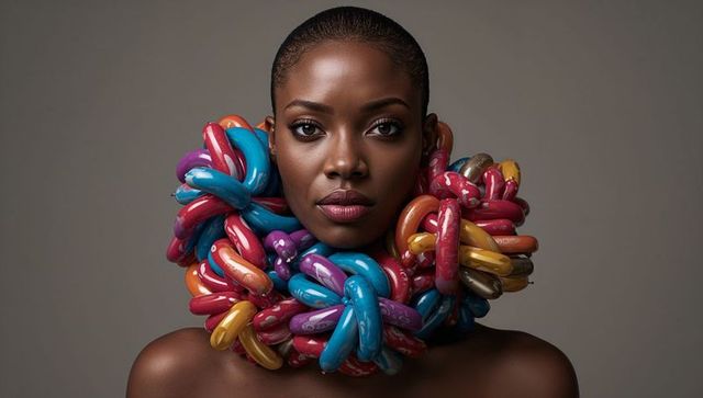 Bold editorial portrait black woman wearing sculptural multicolor tubular collar