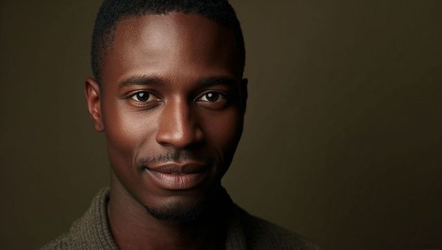 Confident young professional making direct eye contact in softlit warm studio headshot
