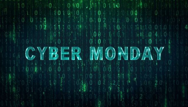 Cyber monday neon code rain banner matrix binary teal green headline
