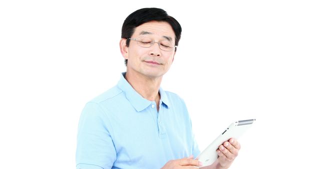 Elderly man wearing glasses using tablet with closed eyes - Download Free Stock Images Pikwizard.com