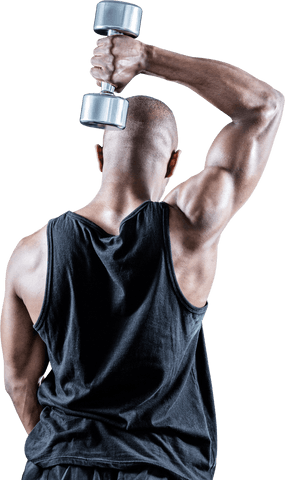 Muscular man exercising with rear view dumbbell on transparent background
