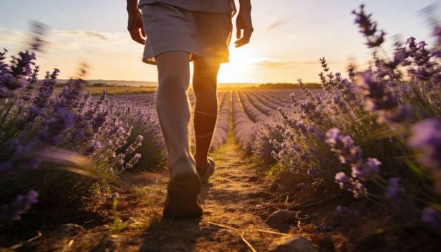 Man walking through lavender rows at sunset backlit golden hour rural path