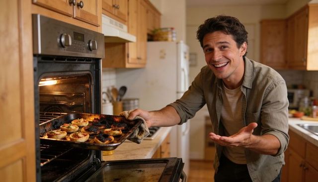 Smiling man pulling tray of baked appetizers from oven after kitchen mishap
