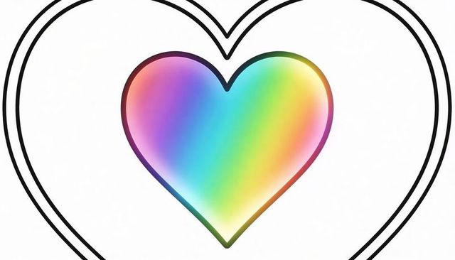Rainbow gradient heart with thin dark border and double black outline on minimal white