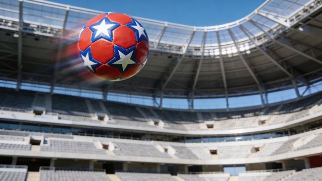 Soaring red-and-blue soccer ball with white stars over modern stadium showing high speed