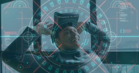 Smiling man engaged in virtual reality experience with futuristic interface