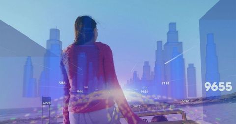 Standing woman facing coastal horizon with convertible and futuristic data overlay
