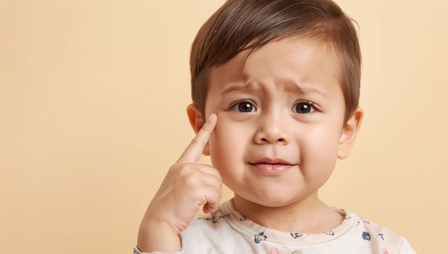 Toddler touching temple and raising finger showing curious expression closeup portrait