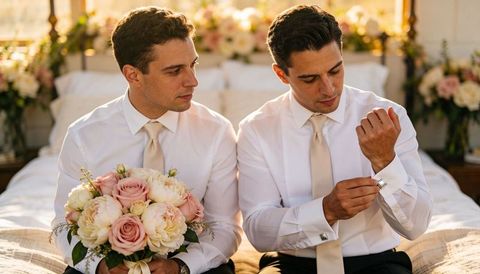 Two grooms sitting on bed preparing together with bouquet and cufflinks in golden hour
