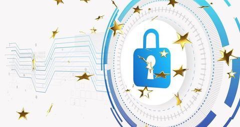 Blue Digital Padlock Surrounded by Gold Stars and Circuit Rings Representing Cybersecurity