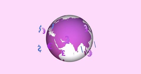 Global economy concept with international currency symbols on pink