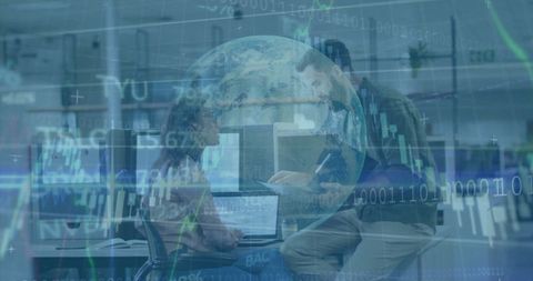 Data Analysts in Modern Office with Holographic Globe Overlay