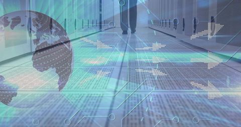 Man in Data Center with Digital Globe and Binary Overlays Conveying Connection