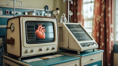 Retro medical equipment with heart signal display in clinical environment, cardiovascular diseases t