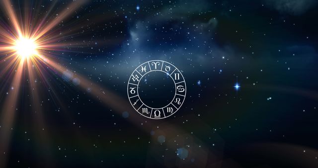 Zodiac wheel floats in expansive starry cosmos as sunburst radiates light. Ideal for astrology publications, horoscope websites, or illustrated guides. Captures mystical aesthetic associating human connection with universe and celestial signs.