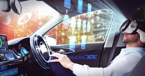 Businessman Wearing VR Headset in Autonomous Car with Holographic Tech - Download Free Stock Images Pikwizard.com